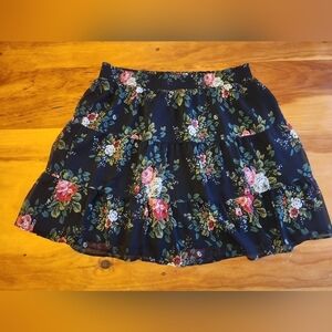 LOFT Tiered Floral Black Sheer Lined Skirt Size L
